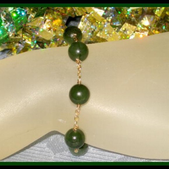 Estate Vintage 14K SOLID Gold 8.24mm Round JADE Station 7.25" BRACELET 9.31gr